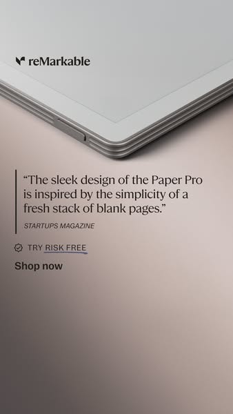 This ad features a quote from Startups Magazine praising the sleek design of the Paper Pro, highlighting its inspiration
