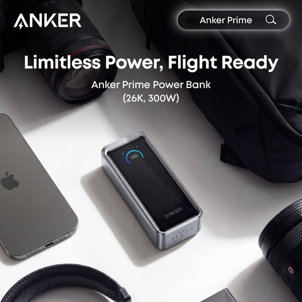 This ad showcases the Anker Prime Power Bank, emphasizing its limitless power and flight-ready design. The ad is designe