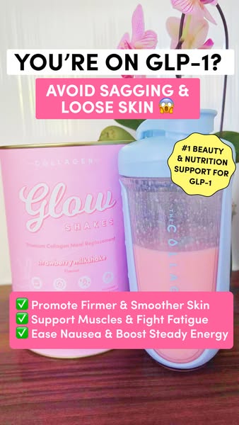 This image ad promotes Glow Shakes, a collagen supplement, as a way to avoid sagging and loose skin for people taking GL