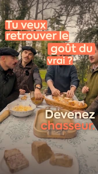 This ad shows four men sitting around a table outside, preparing and tasting pâté with bread and butter. The ad is promo