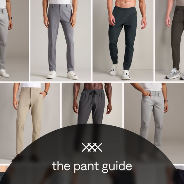 This image ad features a collage of different men's pants, promoting a product guide.