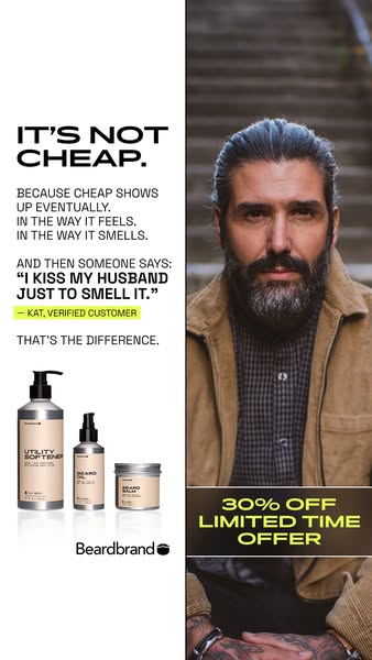 This image ad for Beardbrand beard care products emphasizes that the brand is not cheap. It features a testimonial from 