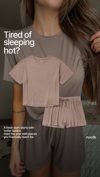 This ad features a woman wearing a Nuuds brand pajama set. The ad calls out the problem of sleeping hot and offers Nuuds