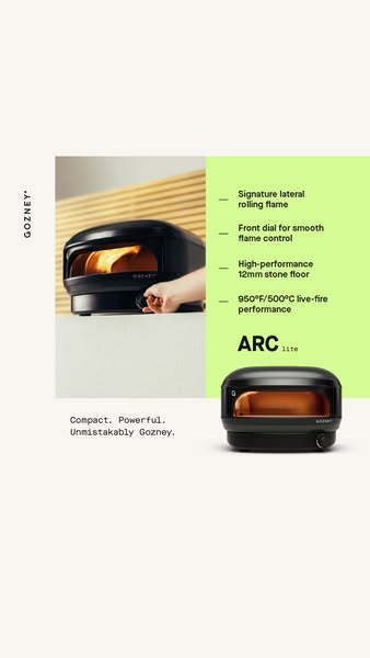 This image ad for Gozney features their ARC lite pizza oven. The ad highlights the product's design and key features