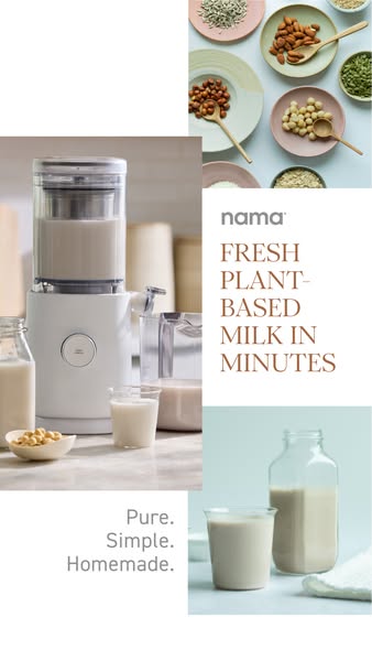 This ad showcases the Nama brand plant-based milk maker. The ad features the product, the milk it makes, and the ingredi