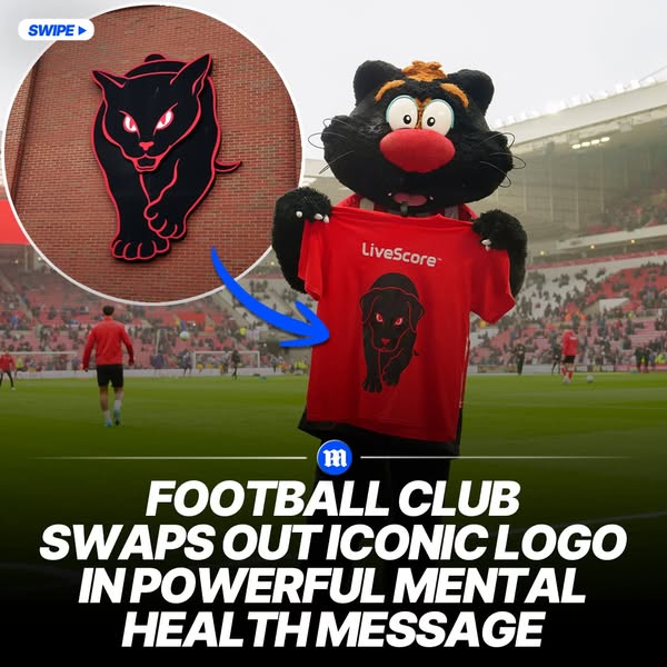A mascot is shown holding up a shirt with a different logo on it. The advertisement is intended to promote mental health