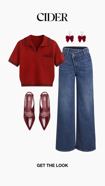 This image ad promotes a coordinated outfit from the brand Cider. It features a polo-style knit shirt, wide-leg jeans, s