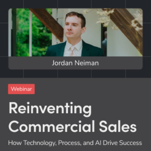 This ad promotes a webinar about reinventing commercial sales through technology, process, and AI. It features a headsho