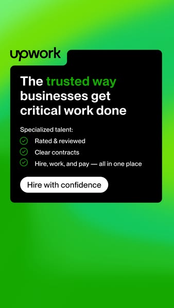 This ad highlights Upwork's features of specialized talent, rated and reviewed workers, clear contracts, and the abi