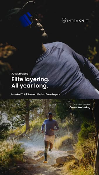 This ad showcases the Intraknit All Season Merino Base Layers by Smartwool, highlighting their suitability for year-roun