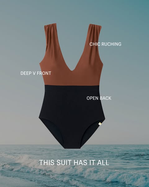 An advertisement showcasing a two-tone, one piece swimsuit featuring a deep v-neck front, chic ruching on the shoulders,
