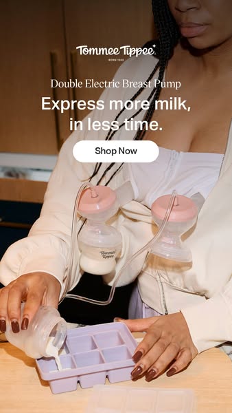 An image ad for the Tommee Tippee Double Electric Breast Pump. The ad features a woman using the breast pump and pouring