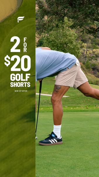An image ad that promotes Fabletics golf shorts at a special price. The ad features a golfer on a course and focuses on 