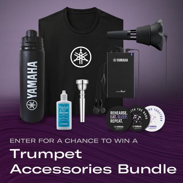 The ad promotes a sweepstakes for a trumpet accessories bundle from Yamaha. The image features a collection of Yamaha-br