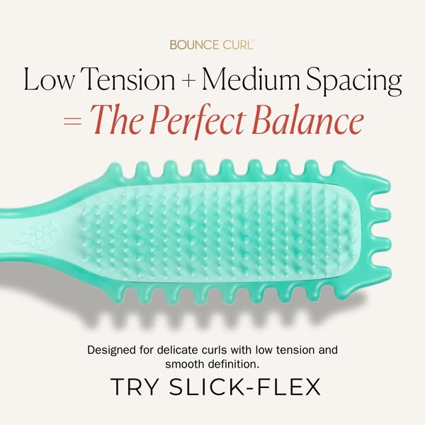 This image ad for Bounce Curl features the brand's Slick-Flex brush and highlights its low tension + medium spacing 