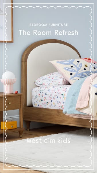 This ad showcases bedroom furniture from West Elm Kids, focusing on a room refresh concept. It features a bed, nightstan
