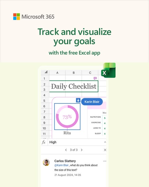 Ad for Microsoft Excel app, highlighting the ability to track and visualize goals using the app.