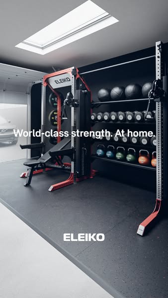 This image ad showcases Eleiko's world-class strength equipment in a home setting, emphasizing the convenience and a