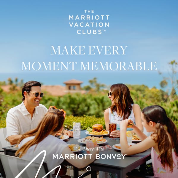 This ad features a family of four enjoying a meal outdoors at a Marriott Vacation Club resort. The ad emphasizes the ide