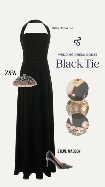 This ad shows a black BCBGMAXAZRIA dress paired with a Zara clutch and Steve Madden shoes to give viewers some inspirati