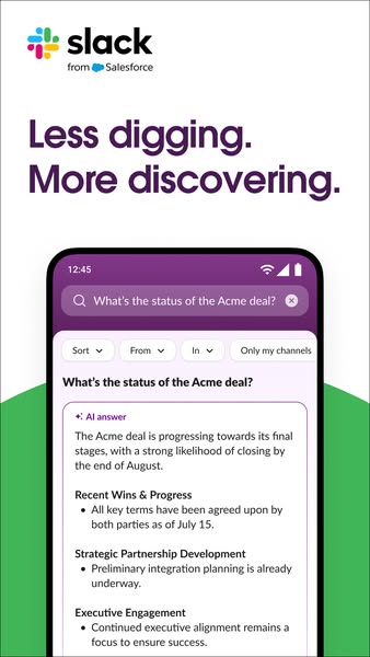 This ad promotes Slack as a tool to easily find information. The ad shows a screenshot of the Slack app on a phone, with