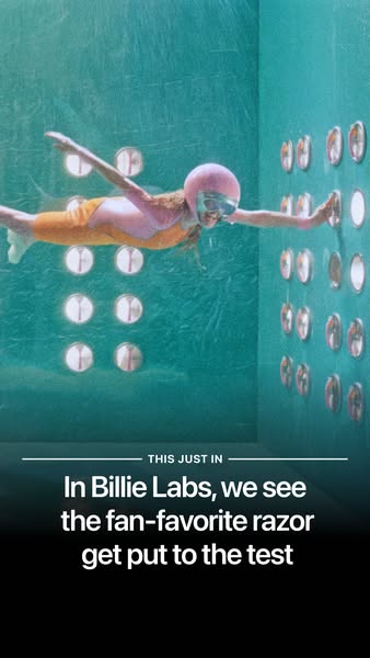 This ad shows a person in an underwater chamber swimming through different tests while promoting Billie Labs razors.