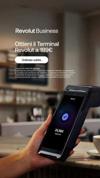 This ad promotes the Revolut Business Terminal. The ad features a hand holding the Revolut Business Terminal device, wit