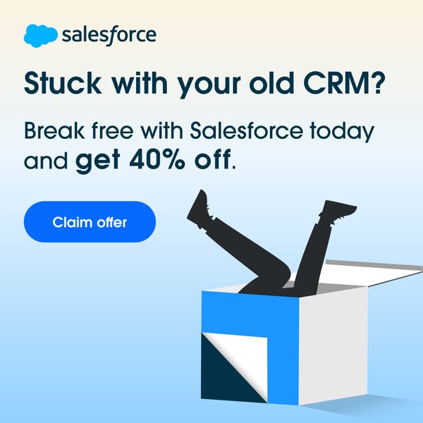 This ad is for Salesforce and describes the frustration of working with an old CRM by showing someone with their legs st
