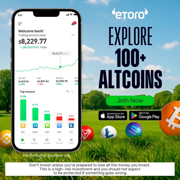 The image ad for eToro shows a smartphone displaying the eToro app with the headline, "Explore 100+ Altcoins,"