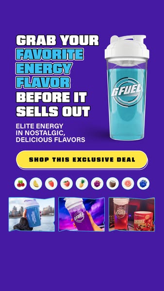 This ad promotes G FUEL energy drink mixes with a focus on nostalgic and delicious flavors. It urges viewers to buy quic