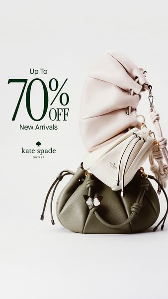 This ad features a stack of dumpling bags from Kate Spade Outlet, advertising up to 70% off new arrivals.