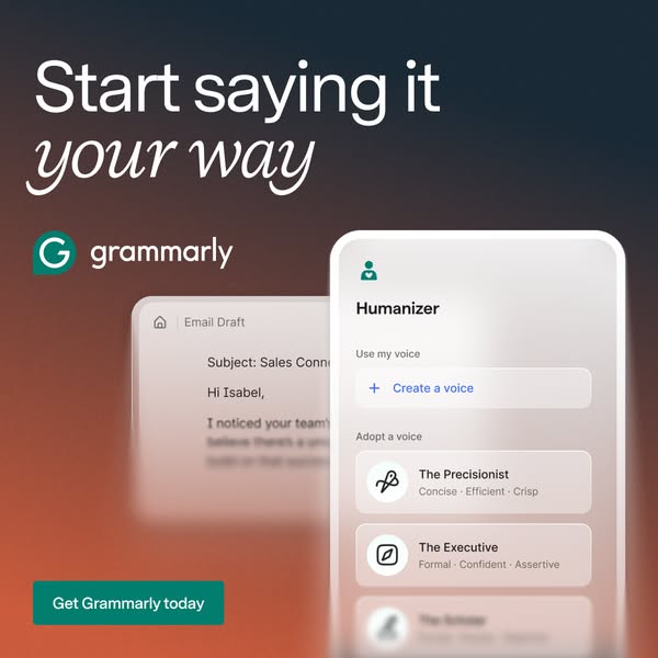 This ad promotes Grammarly's Humanizer feature, which allows users to adjust the tone of their writing to better sui