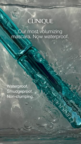 This image ad features the Clinique High Impact High-Fi Full Volume Mascara, now waterproof. The visual shows the produc