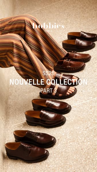 The ad showcases several styles of brown leather shoes from Bobbies Paris, which are displayed on stairs next to a perso