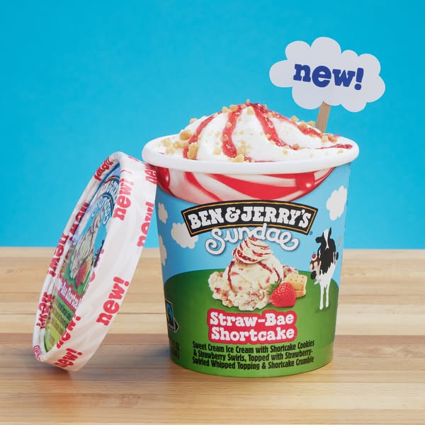 This ad showcases Ben & Jerry's Straw-Bae Shortcake ice cream in a sundae format. The image highlights the produ