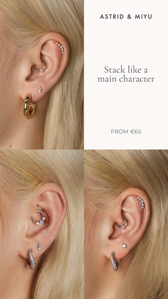 This image ad showcases jewelry from Astrid & Miyu, focusing on ear jewelry such as earrings and ear cuffs. It encou