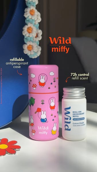 This image ad for Wild Miffy features a refillable antiperspirant case and the corresponding roll on deodorant refill. T