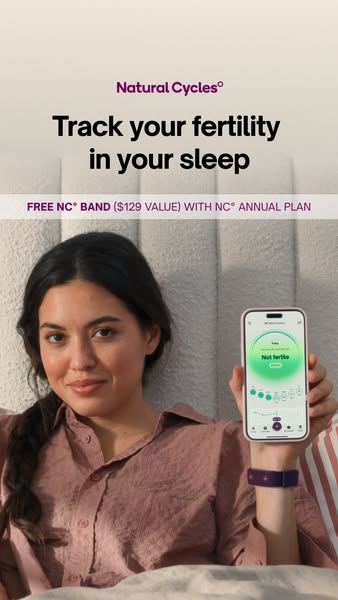 This ad for Natural Cycles promotes the ability to track fertility during sleep, along with an offer for a free NC° Band