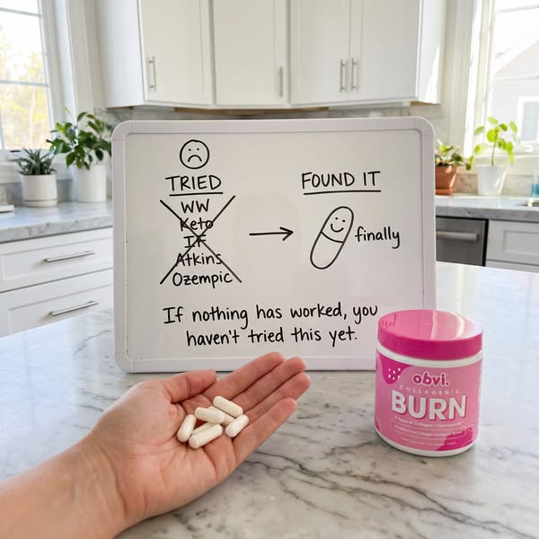 The ad features a whiteboard with a list of weight loss methods that have been crossed out, suggesting they didn't w