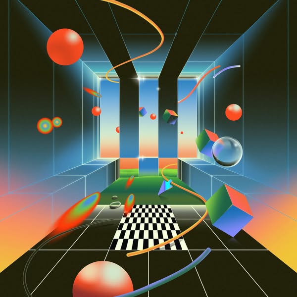 This ad features an abstract image with geometric shapes and a checkered floor, creating a surreal and visually engaging