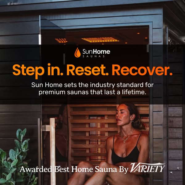Image ad for Sun Home Saunas, a premium sauna brand, featuring a woman in a sauna and highlighting the benefits of relax