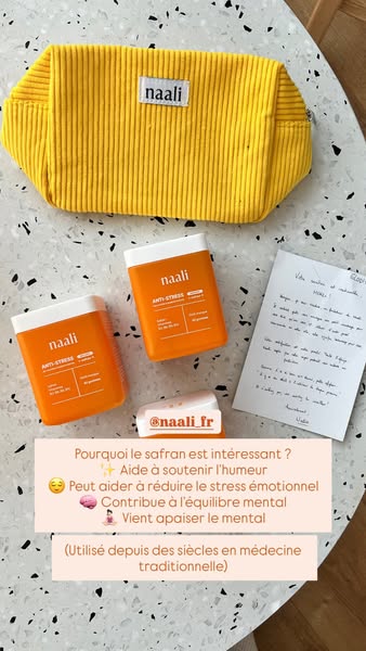 This ad promotes Naali anti-stress supplements, highlighting their benefits for mood, stress reduction, mental balance, 