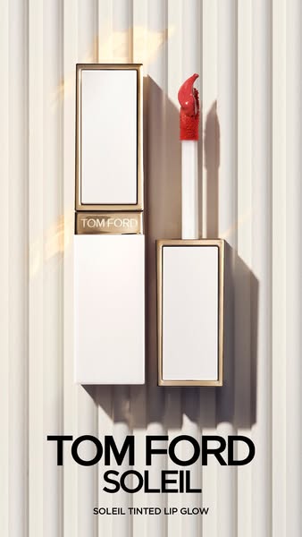 Image ad showcasing Tom Ford's Soleil Tinted Lip Glow.