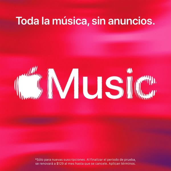 This ad for Apple Music promotes ad-free listening. The ad features the Apple Music logo on a red background and text th