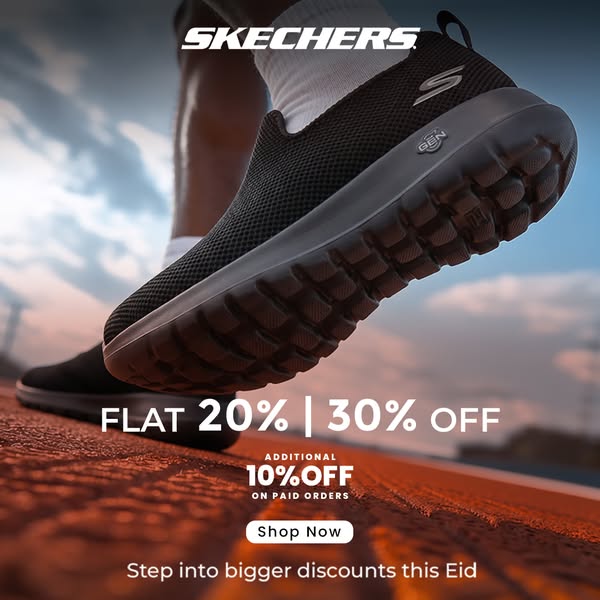 This image ad for Skechers promotes discounts in celebration of Eid. It features a close-up angle of a person walking or