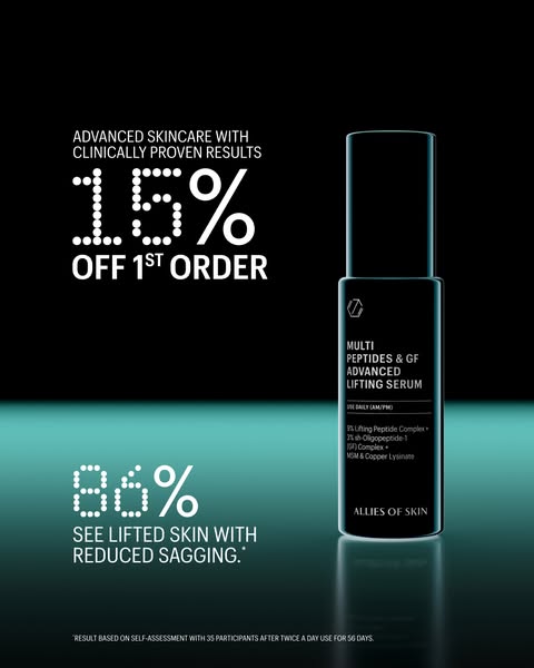 An ad promoting Allies of Skin's Multi Peptides & GF Advanced Lifting Serum. The ad highlights a limited-time of
