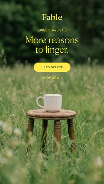 This image ad from Fable features a neutral-colored mug on a wooden stool set in a grassy field to emphasize Fable's