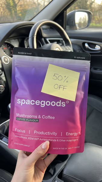 This image ad promotes Spacegoods mushroom and coffee product, highlighting its benefits for focus, productivity, and en