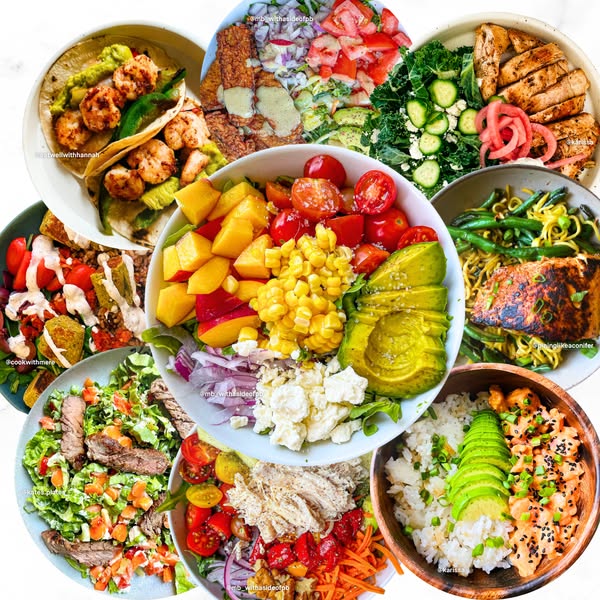 This ad features a collage of various healthy and colorful meals, likely promoting a health-focused brand or service.