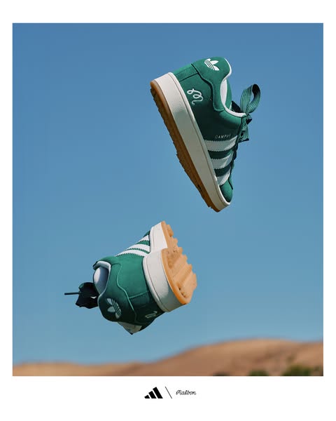 This image ad promotes a collaboration between Adidas and the brand 'alation' by showcasing their green shoes ag